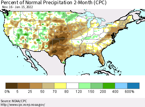 United States Percent of Normal Precipitation 2-Month (CPC) Thematic Map For 11/16/2021 - 1/15/2022