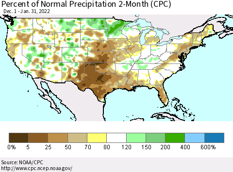 United States Percent of Normal Precipitation 2-Month (CPC) Thematic Map For 12/1/2021 - 1/31/2022
