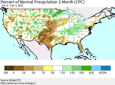 United States Percent of Normal Precipitation 2-Month (CPC) Thematic Map For 12/6/2021 - 2/5/2022