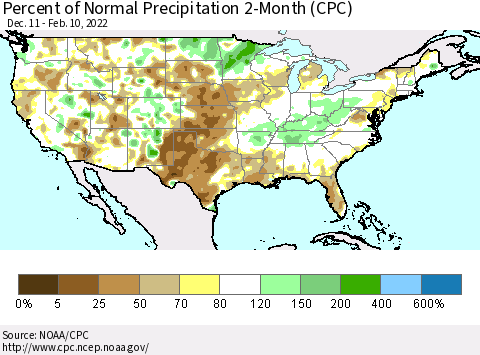 United States Percent of Normal Precipitation 2-Month (CPC) Thematic Map For 12/11/2021 - 2/10/2022
