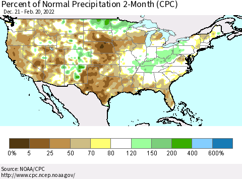 United States Percent of Normal Precipitation 2-Month (CPC) Thematic Map For 12/21/2021 - 2/20/2022