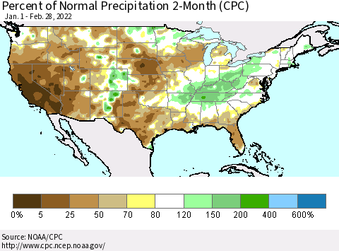 United States Percent of Normal Precipitation 2-Month (CPC) Thematic Map For 1/1/2022 - 2/28/2022