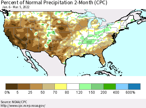 United States Percent of Normal Precipitation 2-Month (CPC) Thematic Map For 1/6/2022 - 3/5/2022