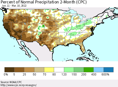 United States Percent of Normal Precipitation 2-Month (CPC) Thematic Map For 1/11/2022 - 3/10/2022