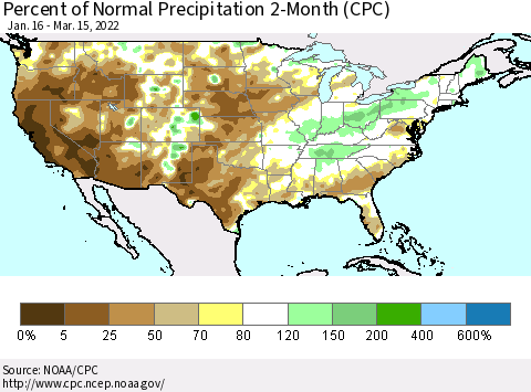 United States Percent of Normal Precipitation 2-Month (CPC) Thematic Map For 1/16/2022 - 3/15/2022