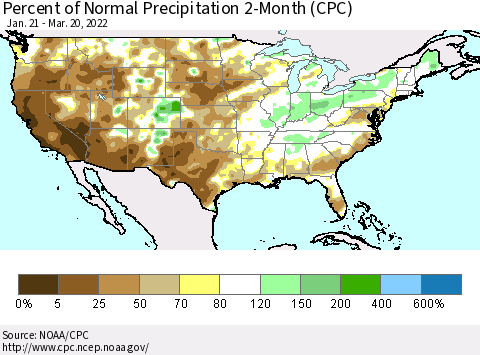 United States Percent of Normal Precipitation 2-Month (CPC) Thematic Map For 1/21/2022 - 3/20/2022