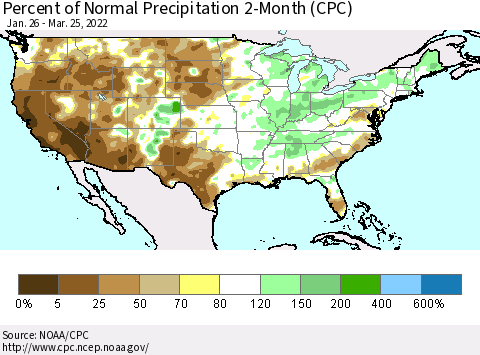 United States Percent of Normal Precipitation 2-Month (CPC) Thematic Map For 1/26/2022 - 3/25/2022