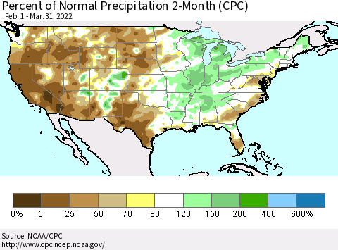 United States Percent of Normal Precipitation 2-Month (CPC) Thematic Map For 2/1/2022 - 3/31/2022
