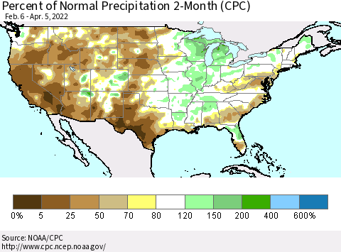United States Percent of Normal Precipitation 2-Month (CPC) Thematic Map For 2/6/2022 - 4/5/2022