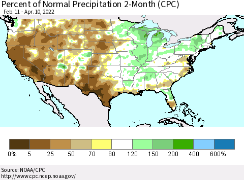 United States Percent of Normal Precipitation 2-Month (CPC) Thematic Map For 2/11/2022 - 4/10/2022