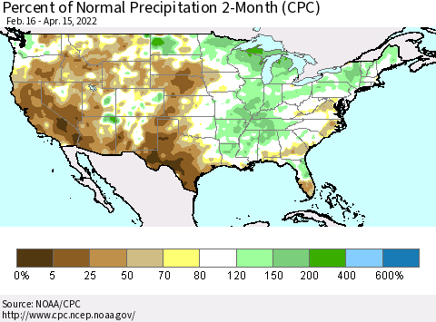 United States Percent of Normal Precipitation 2-Month (CPC) Thematic Map For 2/16/2022 - 4/15/2022