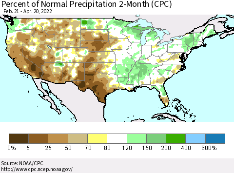 United States Percent of Normal Precipitation 2-Month (CPC) Thematic Map For 2/21/2022 - 4/20/2022