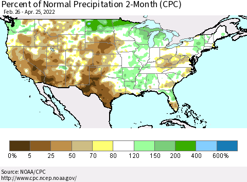 United States Percent of Normal Precipitation 2-Month (CPC) Thematic Map For 2/26/2022 - 4/25/2022