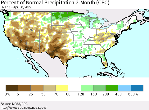 United States Percent of Normal Precipitation 2-Month (CPC) Thematic Map For 3/1/2022 - 4/30/2022