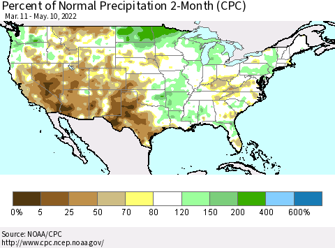 United States Percent of Normal Precipitation 2-Month (CPC) Thematic Map For 3/11/2022 - 5/10/2022