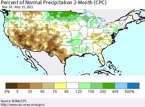 United States Percent of Normal Precipitation 2-Month (CPC) Thematic Map For 3/16/2022 - 5/15/2022