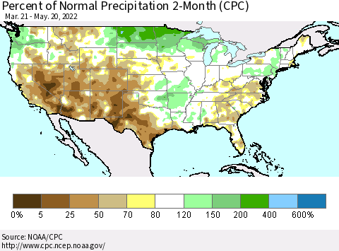 United States Percent of Normal Precipitation 2-Month (CPC) Thematic Map For 3/21/2022 - 5/20/2022