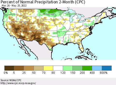 United States Percent of Normal Precipitation 2-Month (CPC) Thematic Map For 3/26/2022 - 5/25/2022