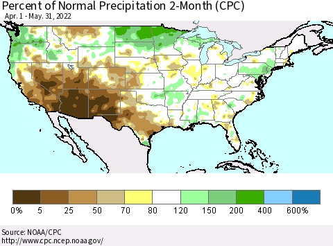 United States Percent of Normal Precipitation 2-Month (CPC) Thematic Map For 4/1/2022 - 5/31/2022