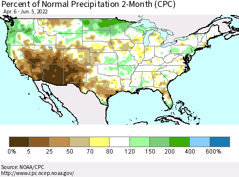 United States Percent of Normal Precipitation 2-Month (CPC) Thematic Map For 4/6/2022 - 6/5/2022