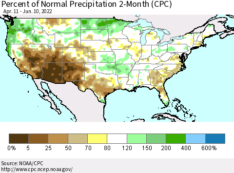 United States Percent of Normal Precipitation 2-Month (CPC) Thematic Map For 4/11/2022 - 6/10/2022