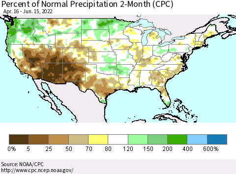 United States Percent of Normal Precipitation 2-Month (CPC) Thematic Map For 4/16/2022 - 6/15/2022