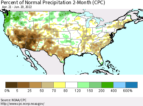 United States Percent of Normal Precipitation 2-Month (CPC) Thematic Map For 4/21/2022 - 6/20/2022