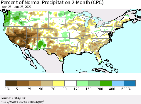 United States Percent of Normal Precipitation 2-Month (CPC) Thematic Map For 4/26/2022 - 6/25/2022
