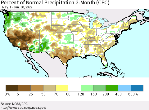 United States Percent of Normal Precipitation 2-Month (CPC) Thematic Map For 5/1/2022 - 6/30/2022