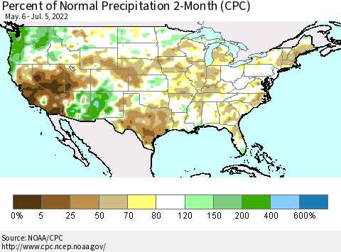 United States Percent of Normal Precipitation 2-Month (CPC) Thematic Map For 5/6/2022 - 7/5/2022