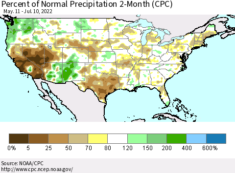 United States Percent of Normal Precipitation 2-Month (CPC) Thematic Map For 5/11/2022 - 7/10/2022