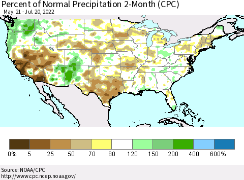 United States Percent of Normal Precipitation 2-Month (CPC) Thematic Map For 5/21/2022 - 7/20/2022