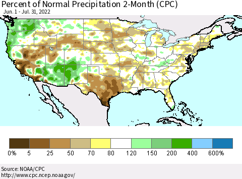 United States Percent of Normal Precipitation 2-Month (CPC) Thematic Map For 6/1/2022 - 7/31/2022