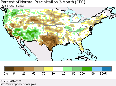 United States Percent of Normal Precipitation 2-Month (CPC) Thematic Map For 6/6/2022 - 8/5/2022