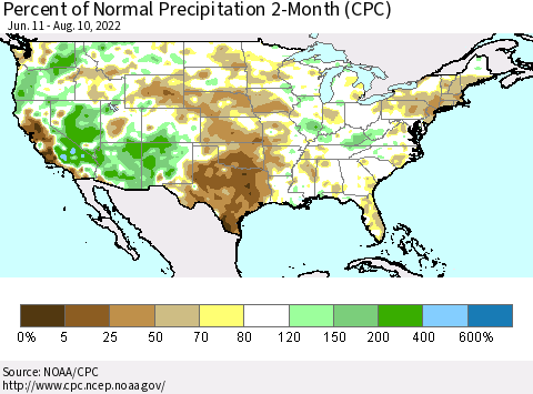 United States Percent of Normal Precipitation 2-Month (CPC) Thematic Map For 6/11/2022 - 8/10/2022