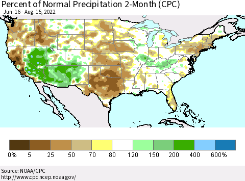 United States Percent of Normal Precipitation 2-Month (CPC) Thematic Map For 6/16/2022 - 8/15/2022