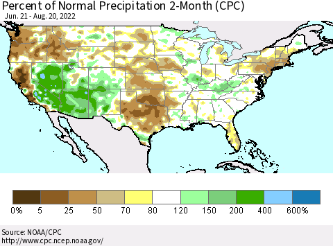 United States Percent of Normal Precipitation 2-Month (CPC) Thematic Map For 6/21/2022 - 8/20/2022