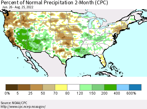 United States Percent of Normal Precipitation 2-Month (CPC) Thematic Map For 6/26/2022 - 8/25/2022