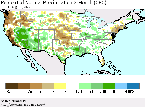 United States Percent of Normal Precipitation 2-Month (CPC) Thematic Map For 7/1/2022 - 8/31/2022