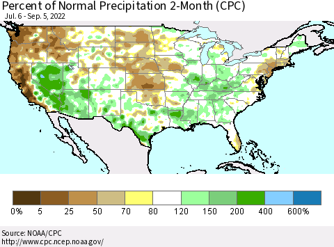 United States Percent of Normal Precipitation 2-Month (CPC) Thematic Map For 7/6/2022 - 9/5/2022