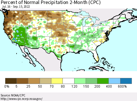 United States Percent of Normal Precipitation 2-Month (CPC) Thematic Map For 7/16/2022 - 9/15/2022