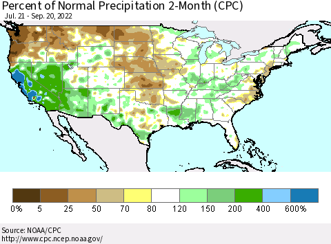 United States Percent of Normal Precipitation 2-Month (CPC) Thematic Map For 7/21/2022 - 9/20/2022