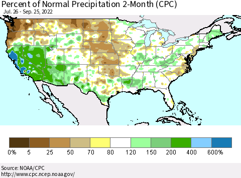 United States Percent of Normal Precipitation 2-Month (CPC) Thematic Map For 7/26/2022 - 9/25/2022