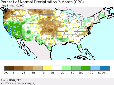 United States Percent of Normal Precipitation 2-Month (CPC) Thematic Map For 8/1/2022 - 9/30/2022