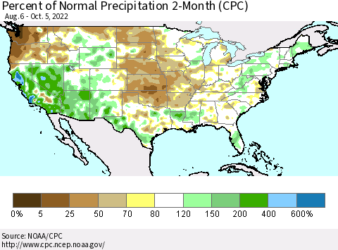 United States Percent of Normal Precipitation 2-Month (CPC) Thematic Map For 8/6/2022 - 10/5/2022