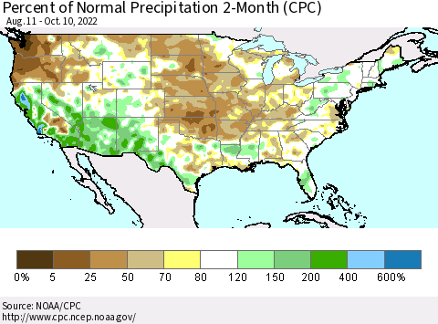 United States Percent of Normal Precipitation 2-Month (CPC) Thematic Map For 8/11/2022 - 10/10/2022