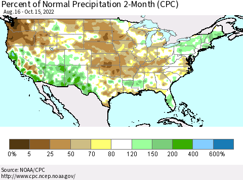 United States Percent of Normal Precipitation 2-Month (CPC) Thematic Map For 8/16/2022 - 10/15/2022