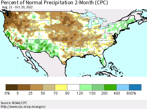United States Percent of Normal Precipitation 2-Month (CPC) Thematic Map For 8/21/2022 - 10/20/2022