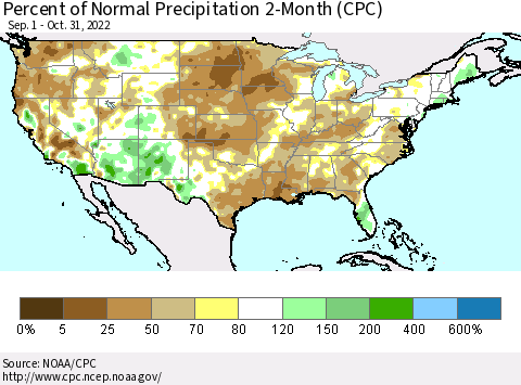 United States Percent of Normal Precipitation 2-Month (CPC) Thematic Map For 9/1/2022 - 10/31/2022
