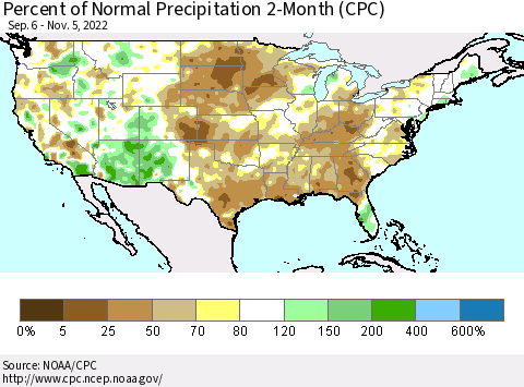 United States Percent of Normal Precipitation 2-Month (CPC) Thematic Map For 9/6/2022 - 11/5/2022